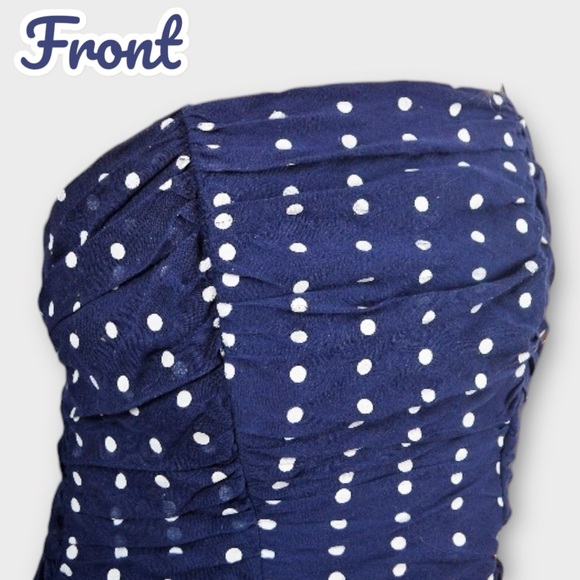 Vintage Navy Blue Polka Dot Strapless Fit and Flare Swing Dress - Picture 11 of 12